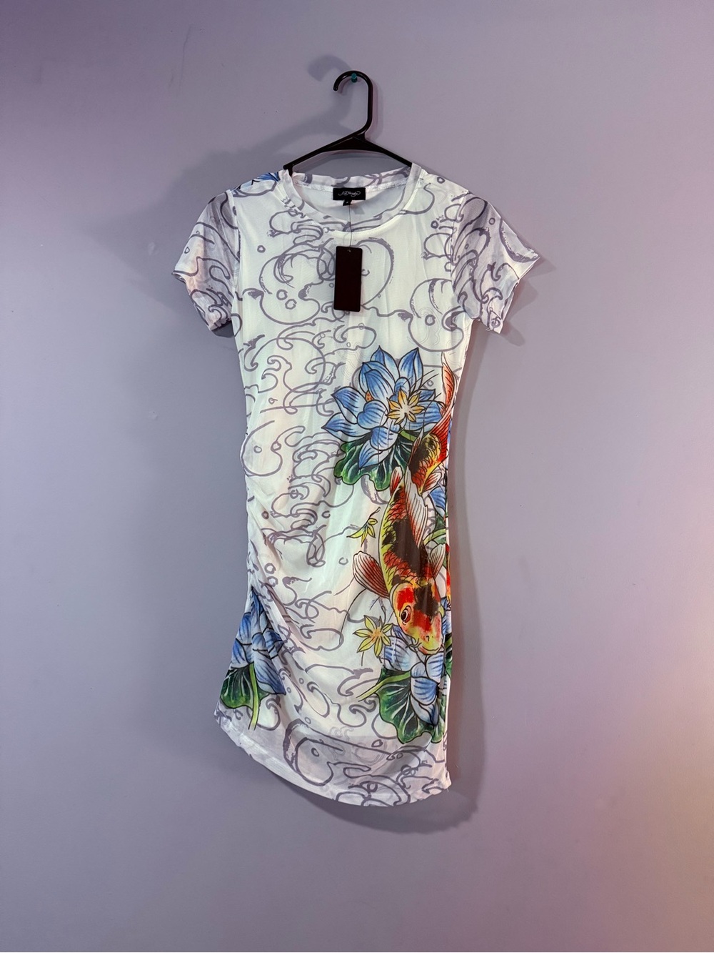 Ed Hardy White Dress with Blue Floral & Orange Koi Print